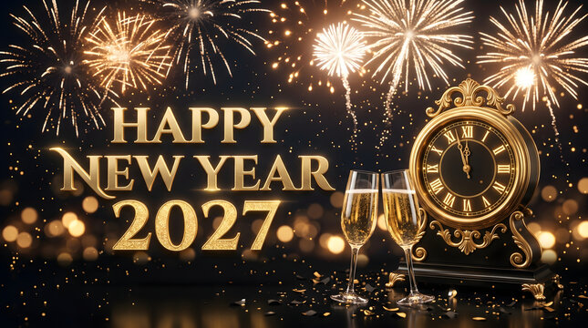 Happy New Year 2027 celebration banner with golden fireworks, champagne glasses, and midnight clock.