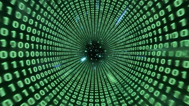 Abstract Digital Tunnel of Green Binary Code Data Flow.