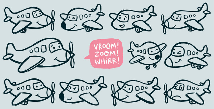 Collection of cute cartoon airplanes with happy faces and sound effects.