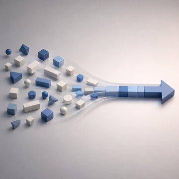 Geometric Shapes Being Organized and Pulled into a Blue Arrow on a Minimalist Background, Symbolizing Transformation, Progress, and Data Consolidation