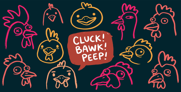 A collection of cute, hand-drawn cartoon chicken and duck faces with speech bubbles saying 'Cluck! Bawk! Peep!'.