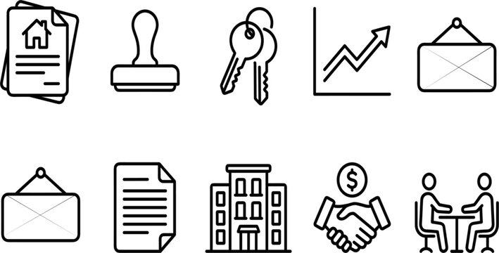 Real Estate and Business Line Icon Set with House Contract, Keys, Stamp, Growth Chart, Building, and Handshake Symbols for Corporate Websites and Apps