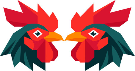 Geometric Rooster Heads Vector Illustration with Low Poly Art Style and Red Combs for Facing Mascot Logos, Creative Branding, and Modern Graphic Designs © Md Monjurul