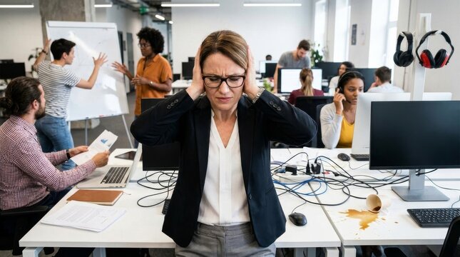 Office distractions cause stress workplace photo modern environment close-up employee well-being