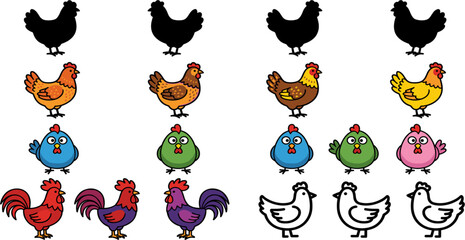 Cute Cartoon Chicken and Rooster Vector Set with Colorful Hen Silhouettes, Outline Icons, and Poultry Farming Graphics for Livestock Breeding Logo Designs © Md Monjurul