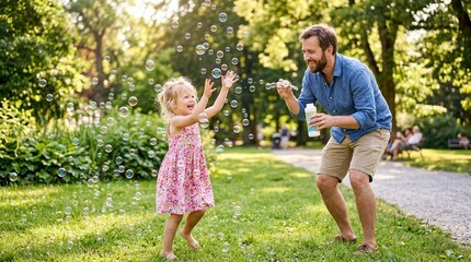Fototapeta premium Adorable little girl having fun with soap bubbles on a sunny day, daughter and dad spending time together outdoors