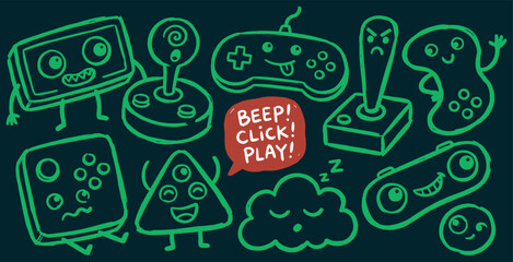 Collection of cute and funny cartoon video game controllers and devices with faces. © Riki