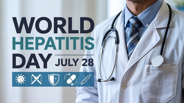 World Hepatitis Day July 28 Doctor in White Coat and Tie Medical Icons on Blue