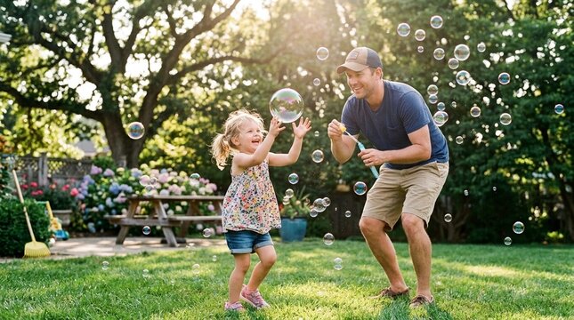 Adorable little girl having fun with soap bubbles on a sunny day, daughter and dad spending time together outdoors
