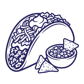 Illustration of a traditional mexican hard shell taco with ground meat and salsa dip with tortilla chips tortilla illustration monochrome isolated appetizer