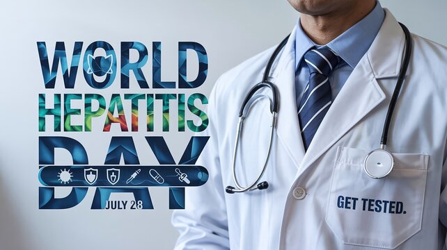 World Hepatitis Day July 28 Doctor in White Coat and Tie Medical Icons on Blue