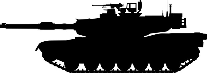 Battle tank silhouette illustration with long gun barrel, turret, and tracks, symbolizing military, defense, lifestyle, creativity, and design concepts © Mukti