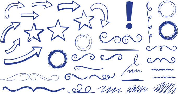 Hand-drawn blue graphic elements including arrows, stars, exclamation marks, and decorative swirls on a white background