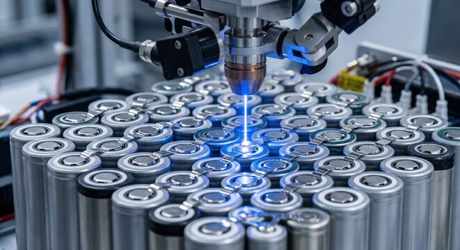 Bright pulsing blue industrial laser rapidly welding shiny metal battery terminals together