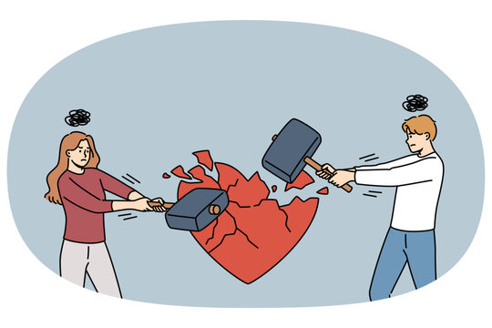 Divorce of married couple due to lack of love between spouses, breaking heart with hammer. Divorce of young family who became victims of unjustified expectations and problems destroying relationships