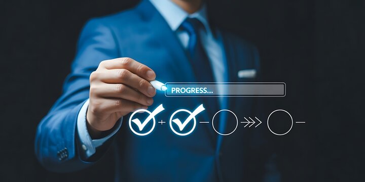 Progress checklist workflow and task completion tracking concept. Person selecting check mark steps with progress bar, project milestone, approval process, productivity