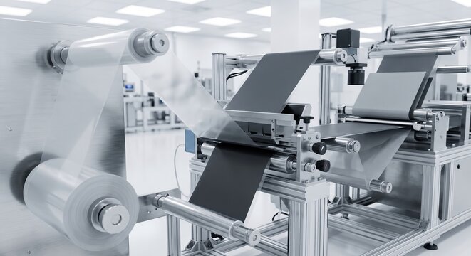Roll-to-roll manufacturing machine coating a transparent polymer membrane with dark grey platinum catalyst