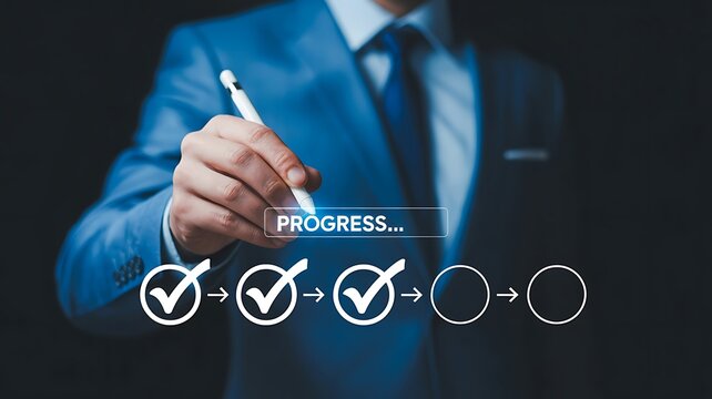 Progress checklist workflow and task completion tracking concept. Person selecting check mark steps with progress bar, project milestone, approval process, productivity