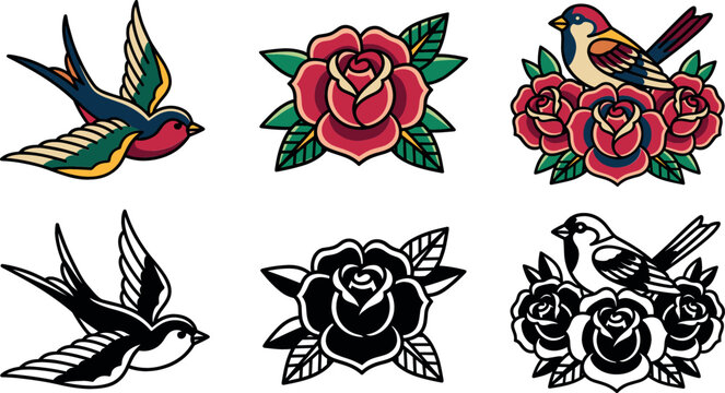 Old school tattoo vector icons set with traditional red roses swallow bird flying sparrow and black silhouettes isolated on white background.