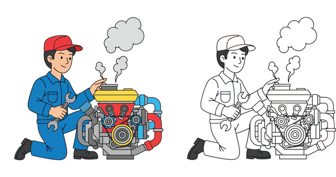 Professional Mechanic Technician Repairing Smoking Industrial Engine Vector Illustration and Line Art Coloring Page for Kids Education and Maintenance Service Concept Design