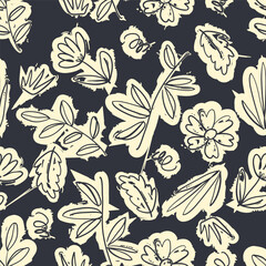 Fototapeta premium Seamless Floral Pattern with Hand Drawn Leaves and Flowers in Abstract Botanical Style, Modern Nature Background for Textile, Wallpaper, Wrapping Paper and Surface Design