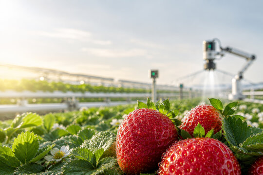 Automated irrigation system and robotic picker in strawberry plantation, sustainable food production. AI agriculture.