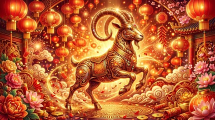 Fototapeta premium Golden goat as symbol of 2027 Chinese New Year. Majestic animal statue surrounded by glowing paper lanterns, lotus flower and firework. Traditional Asian celebration holiday decoration