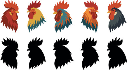 Rooster head vector icons set with colorful poultry farming mascots chicken cockerel profiles and black silhouettes isolated on white background. © MdShakib