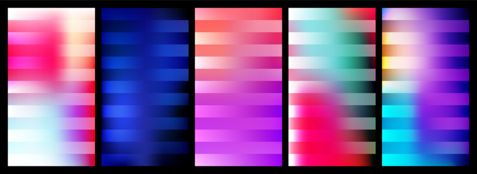 Abstract backgrounds collection, horizontal geometric rectangle stripes, vibrant colorful gradients on blurred backdrops, defocused mesh color templates for creative graphic design layouts, vector 