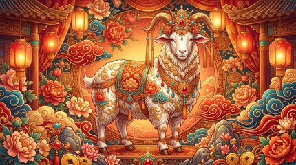 Fototapeta premium Decorated goat posing in traditional chinese interior for 2027 lunar new year celebration. Ornate animals, festive lanterns and blossom flowers. Asian culture holiday concept pattern