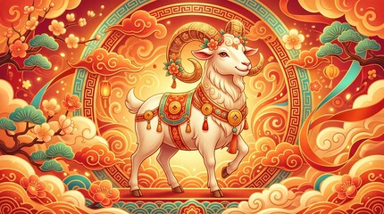 Obraz premium Goat standing on ornamental background for 2027 Chinese New Year. Traditional zodiac animal illustration with floral pattern, red cloud and lantern for festive holiday greeting card design