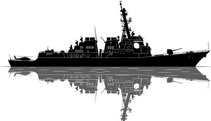 Military naval destroyer warship silhouette with ocean reflection isolated on gray background for maritime defense and military transportation concepts © Mukti