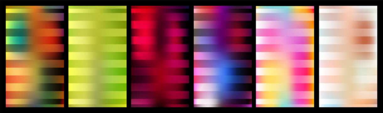 Abstract posters collection, horizontal geometric rectangle stripes, vibrant colorful fluid gradients on blurred backgrounds, defocused mesh color templates for creative graphic design layouts, vector