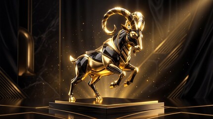 Obraz premium Golden ram statue symbol of 2027 year of the goat. Luxury black and gold Chinese zodiac animal figurine on podium. Decorative sculpture for New Year celebration and prosperity festivity
