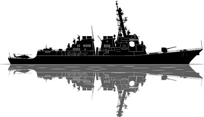 Military naval destroyer warship silhouette with ocean reflection isolated on gray background for maritime defense and military transportation concepts © Mukti