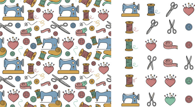 Seamless sewing pattern and vintage craft tool icons set with sewing machines scissors thread spools buttons pin cushions for handmade textile background design.