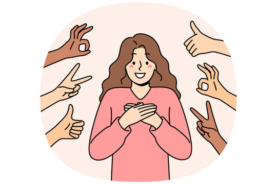 Public approval for happy woman standing among positive OK and thumbs up gestures. People support blogger girlfriend by showing approval and honest feedback or agreement with idol opinion
