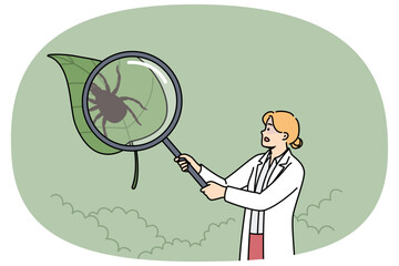 Obraz premium Woman scientist studies encephalitic ticks, walking through park with magnifying glass looking for parasites. Researcher explores encephalitic mites to find antidote to blood-sucking insect