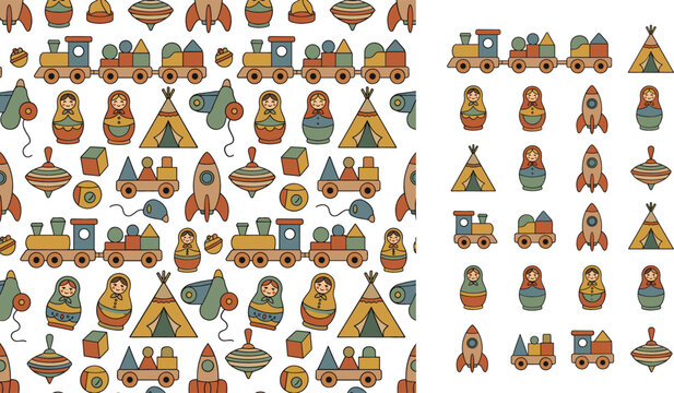 Seamless vintage baby toys pattern and nursery icons set with wooden train nesting dolls rocket teepee and spinning tops for kids fabric background.