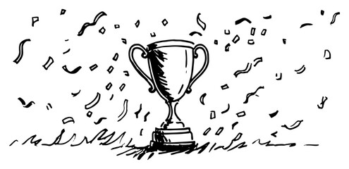 Winner trophy cup surrounded by falling confetti in hand drawn sketch style © Celestynka