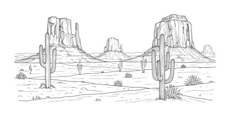 Obraz premium Monument Valley desert landscape with saguaro cacti and mesas