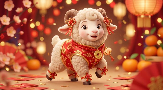 Cute cartoon sheep wearing traditional Chinese clothes for 2027 year of the goat. Festive zodiac animal with lantern and gold coin decoration. Happy Chinese New Year celebration background