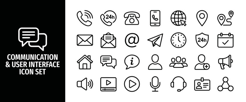 Communication and user interface line icon set collection of vector outline icons for contact us, phone, email, message, social media, web, and ui design