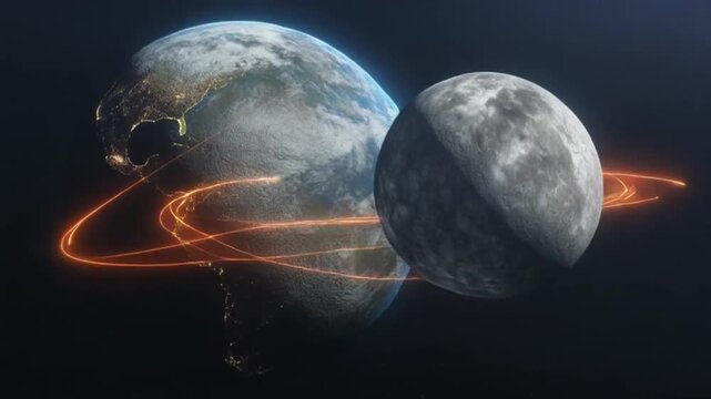 Animation video showing the Earth and Moon with orbital motion, tidal bulges, and gravitational pull lines illustrated subtly as glowing energy arcs