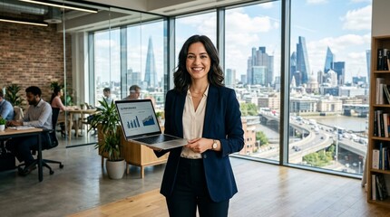 Plakat Young professional woman in a bright modern office, holding a laptop with a confident smile, standing against a backdrop of large windows and urban city views