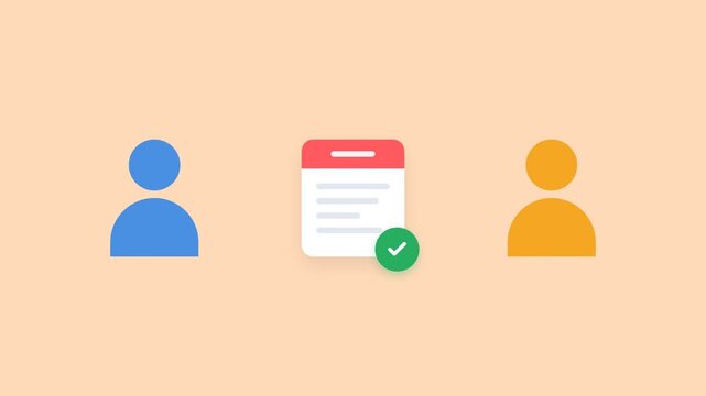 Online business agreement animation. Two people communicating, creating contract and signing document with green checkmark