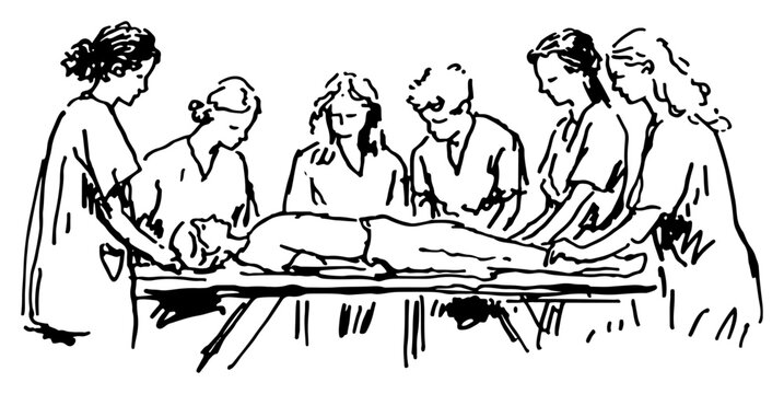Medical team performing a surgery or examination on a patient in a hand drawn sketch style