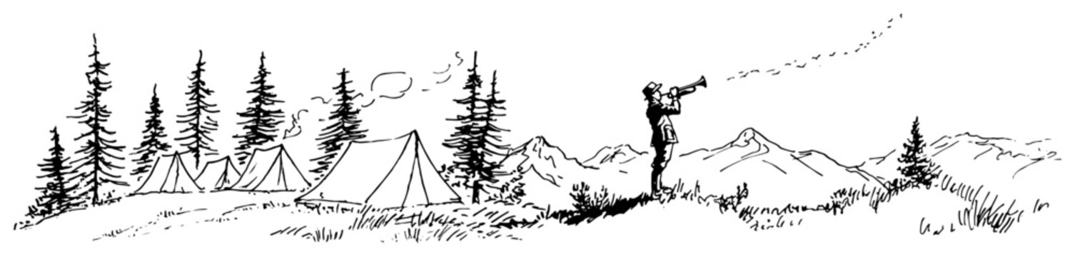 Camping tents in pine forest and person blowing horn towards mountains panoramic line art sketch
