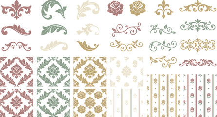 Vintage baroque ornament vector collection with pastel damask seamless patterns elegant floral scroll dividers fleur de lis emblems and victorian wallpaper backgrounds. © MdShakib