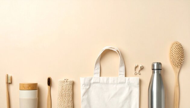 Eco friendly products on beige background.